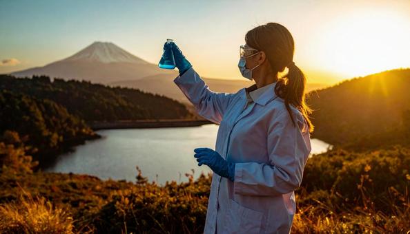 自然を背景に実験をする女性の研究者 自然を背景に実験をする女性の研究者の写真