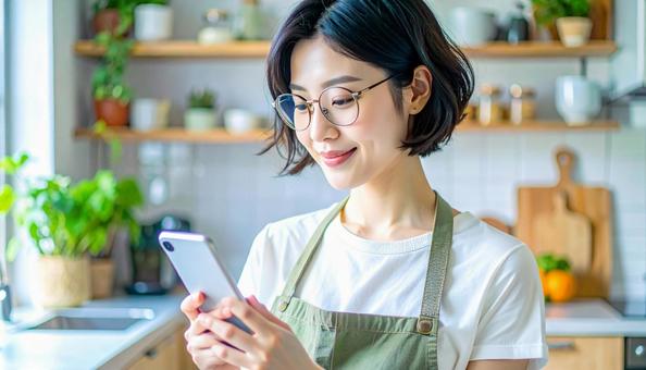 スマホでポイ活する笑顔の女性 スマホでポイ活する笑顔の女性の写真