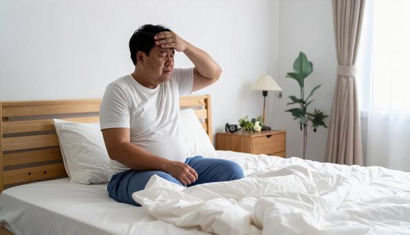 肥満で疲れやすく、額に手をやる男性 肥満で疲れやすく、額に手をやる男性の写真