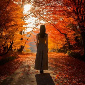 紅葉の小道に立つ女性 紅葉の小道に立つ女性の写真