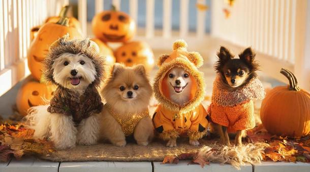 秋のハロウィン仮装の小型犬たち・ペット 秋のハロウィン仮装の小型犬たち・ペットの写真