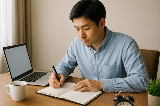 ノートにまとめる男性 ノートにまとめる男性の写真