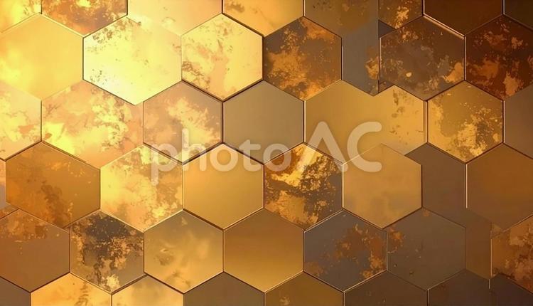 真鍮色のハニカム構造　金属背景 金色,真鍮,ハニカムの写真素材