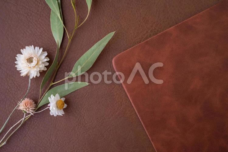 レザー手帳と背景とお花 花,コピースペース,背景の写真素材
