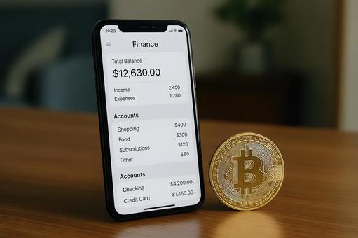 スマホ画面とビットコイン スマホ画面とビットコインの写真
