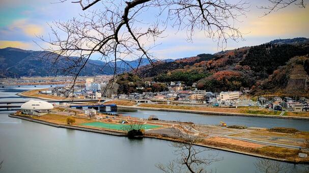 日和山から見る石巻市内 風景,自然,川の写真素材