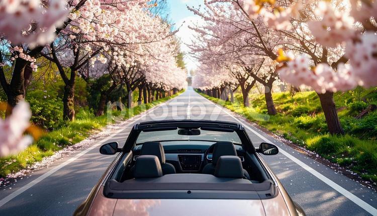 桜並木を走るオープンカー  道,車,青空の写真素材