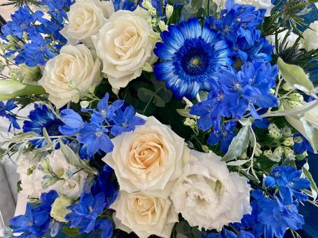 白と青のフラワーアレンジメント フラワーアレンジメント,花束,白い花の写真素材