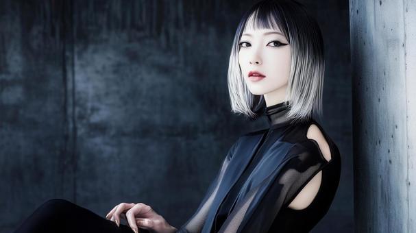 黒いドレスを着たボブヘアーの魅惑的な女性の写真