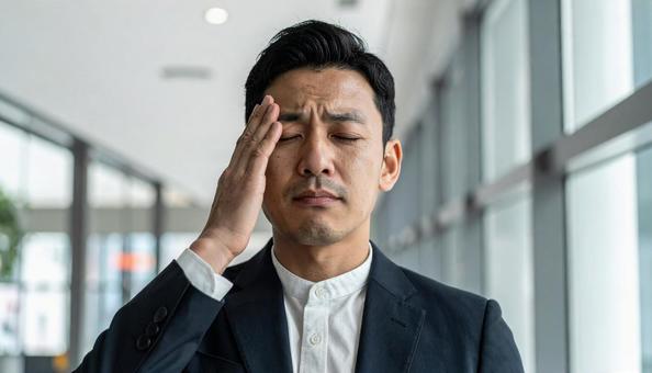 目を手で押さえて苦しむ日本人ビジネスマン 目を手で押さえて苦しむ日本人ビジネスマンの写真
