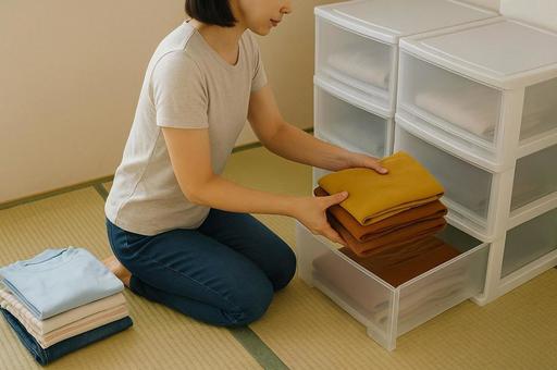 衣類を収納する女性の手元・衣替え・たたむ 衣類を収納する女性の手元・衣替え・たたむの写真