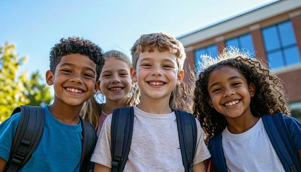 学校に通う仲良しの外国人の子供たち 学校に通う仲良しの外国人の子供たちの写真