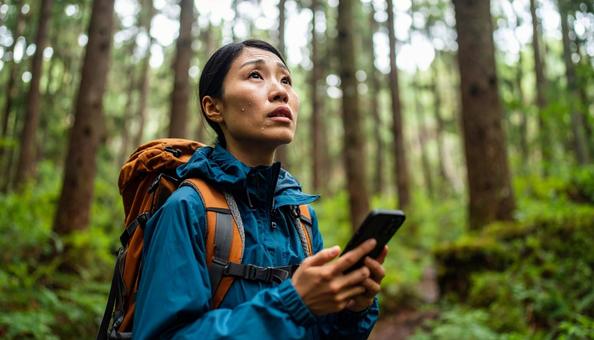 森の中で不安げに立ち止まる登山女性 森の中で不安げに立ち止まる登山女性の写真