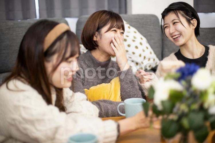 笑顔で話す女子会のアップ（ポートレート） 女性,大学生,女子会の写真素材