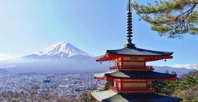 冬の富士山と五重塔　新倉富士浅間神社 富士山,五重塔,新倉富士浅間神社の写真素材