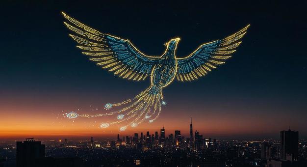 天空のデジタルフェニックス 未来都市上空 天空のデジタルフェニックス 未来都市上空の写真
