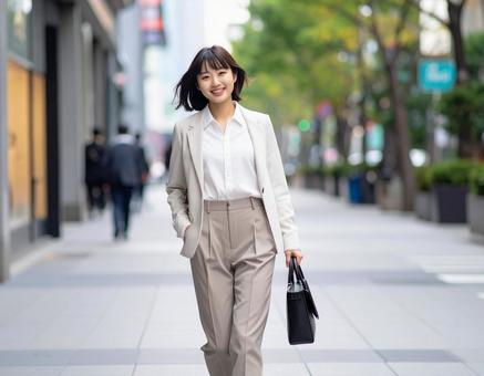 秋・ビジネスカジュアルで出勤する彼女の写真