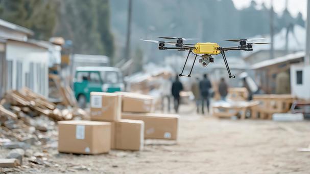 災害現場で物資を届ける輸送ドローン 災害現場で物資を届ける輸送ドローンの写真