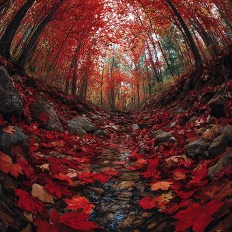 赤く染まる秋の渓谷の絶景 赤く染まる秋の渓谷の絶景の写真