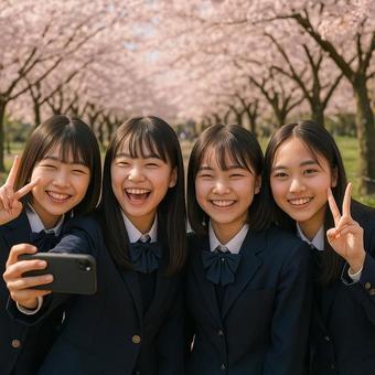 桜並木で微笑む女子学生 桜並木で微笑む女子学生の写真