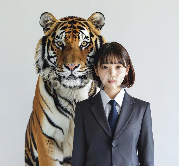 若い女性と虎 若い女性,トラ,動物の写真素材