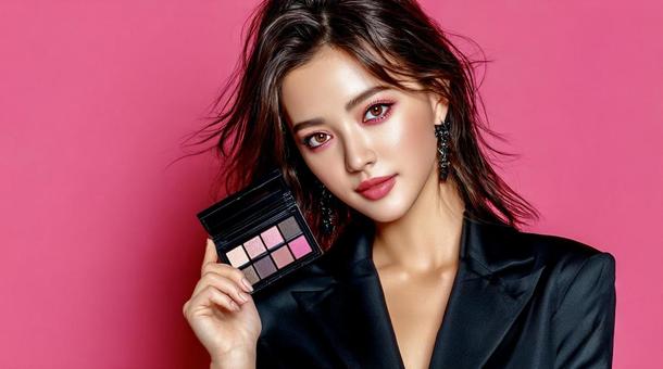 コスメ広告風の女性が持つアイシャドウ コスメ広告風の女性が持つアイシャドウの写真