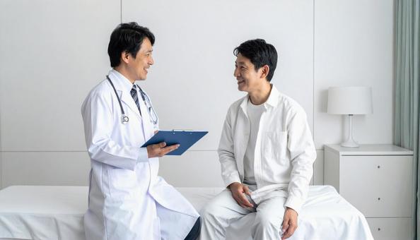 診察をする日本人男性医師 診察をする日本人男性医師の写真