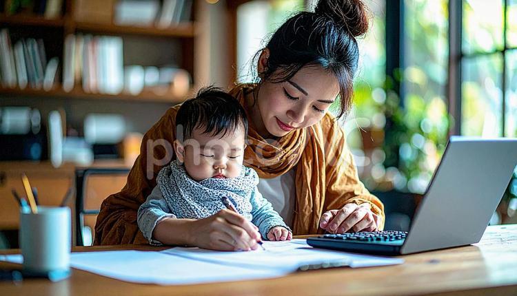 教育費　眠る日本人の赤ちゃんと電卓 赤ちゃん,養育費,電卓の写真素材
