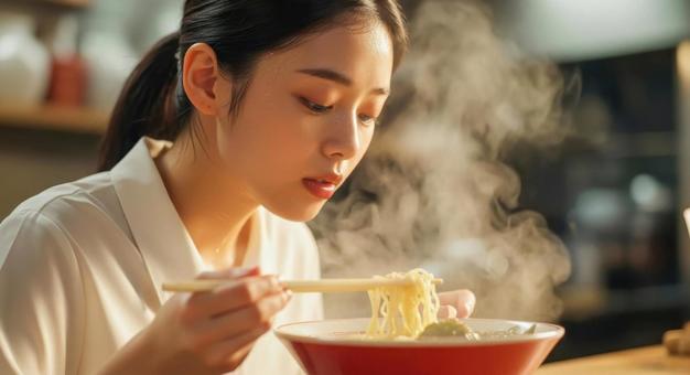 熱々ラーメンを食べる女性の飲食シーン 熱々ラーメンを食べる女性の飲食シーンの写真