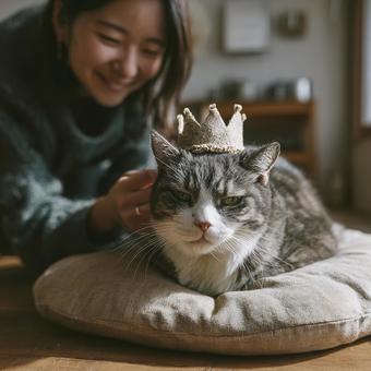 笑顔の飼い主と不機嫌な猫の対比 笑顔の飼い主と不機嫌な猫の対比の写真