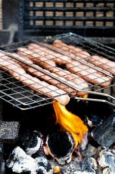 網に挟まれ焼くソーセージと炎 ソーセージ,焼く,バーベキューの写真素材