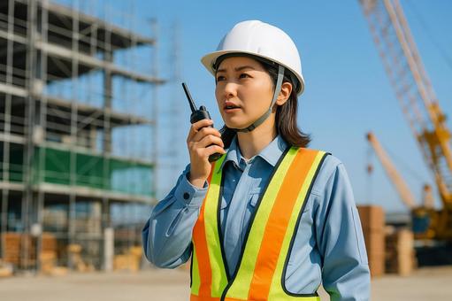 無線で指示する女性現場監督 無線で指示する女性現場監督の写真