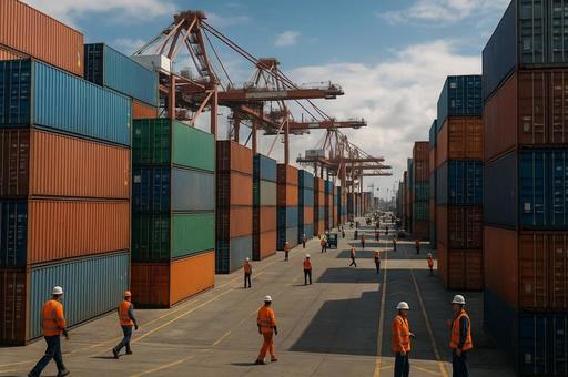 港湾に並ぶコンテナ群の写真