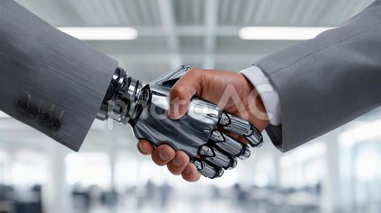 AIと人間の協力関係を表す握手 握手,ロボット,人間の写真素材