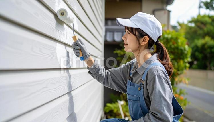 DIYで外壁塗装する女性 外壁塗装,屋根塗装,diyの写真素材