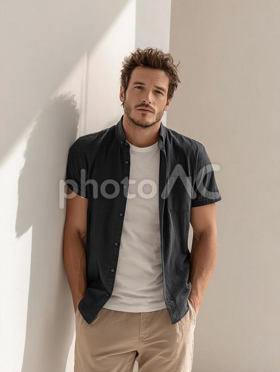 ミニマルな背景での男性のファッション撮影 男性,スタイリッシュ,若いの写真素材