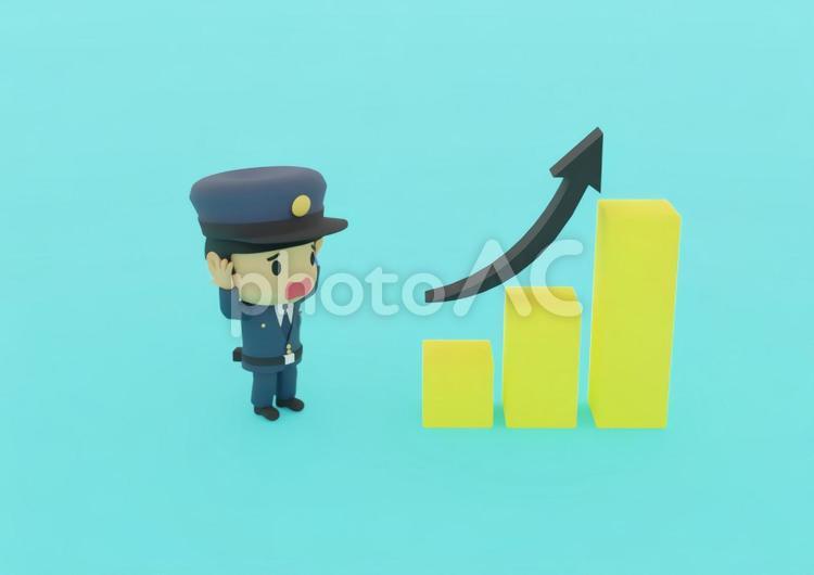 犯罪率上昇に頭を抱える若い男性警察官 値上げ,矢印,上昇の写真素材