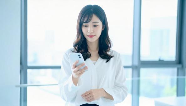 スマホを確認するビジネス女性 スマホを確認するビジネス女性の写真