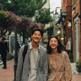 賑やかな街並みでのデート 賑やかな街並みでのデートの写真