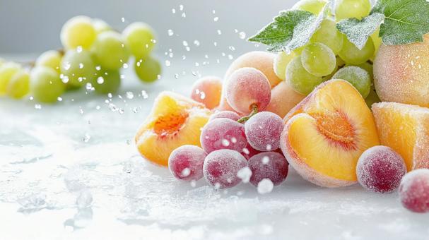 冷凍フルーツ、桃とぶどうの白背景の写真