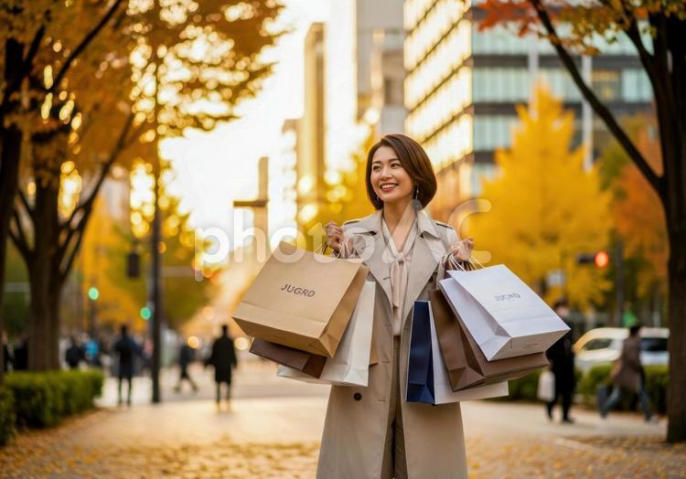 秋のセールシーズンを楽しむ都会的な女性 女性,若者,笑顔の写真素材