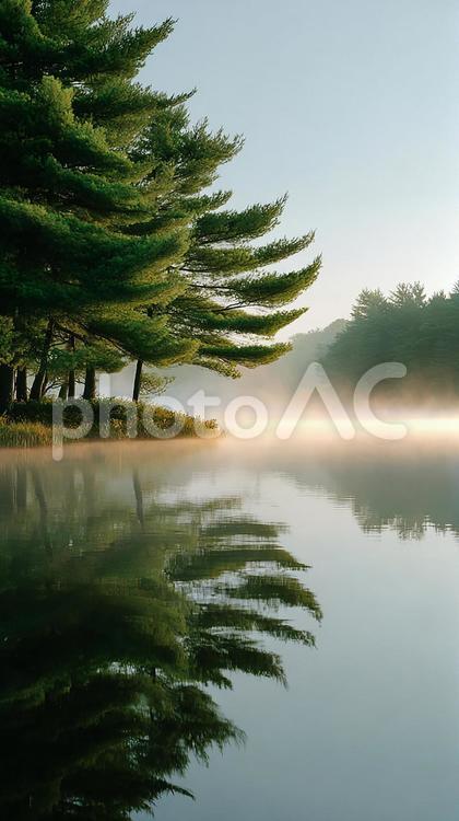 光と霧が作り出す、魔法のような湖の情景 湖,霧,靄の写真素材