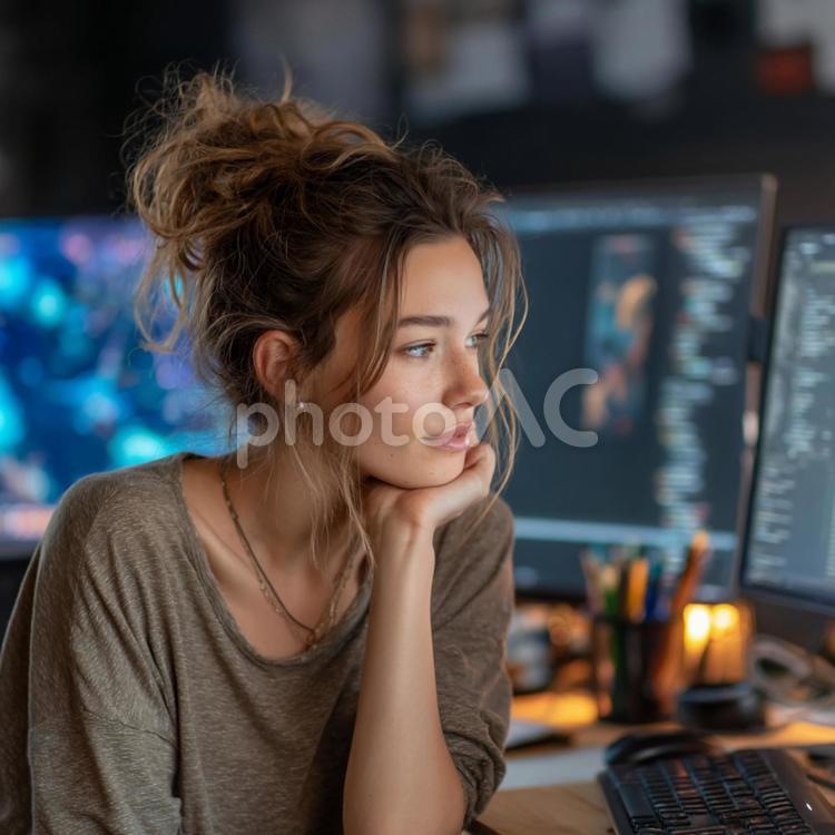 PCと仕事場の女性 pc,女性,仕事の写真素材