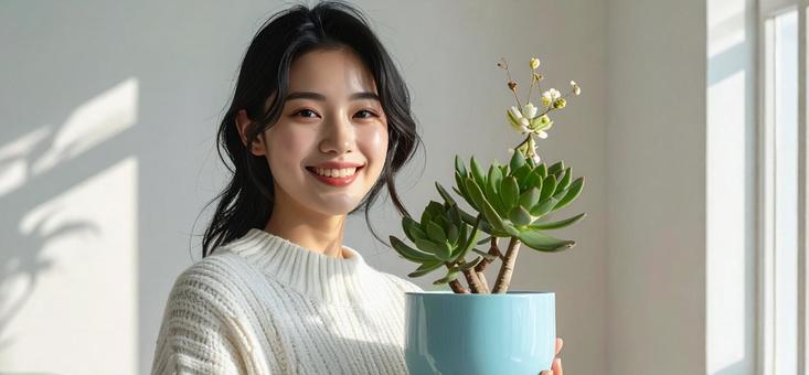 鉢植えと女性、多肉植物 鉢植えと女性、多肉植物の写真