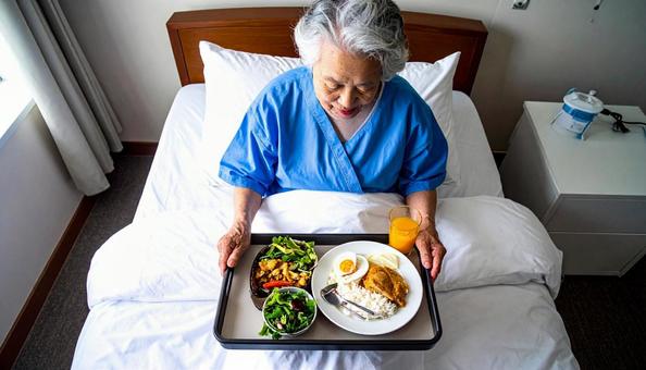 座って食事をするシニア女性の患者 座って食事をするシニア女性の患者の写真