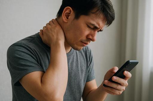 スマホを見ながら首を抑える男性 スマホを見ながら首を抑える男性の写真