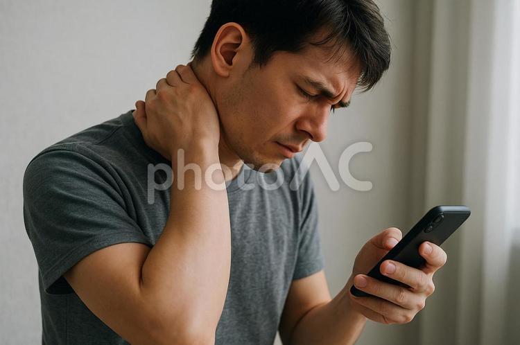 スマホを見ながら首を抑える男性 整体,疲れ,多忙の写真素材