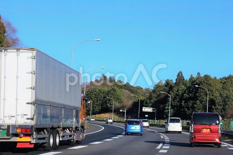 ３車線をそれぞれ走る車の列　高速道路のカーブ 道路,ハイウェイ,３車線の写真素材