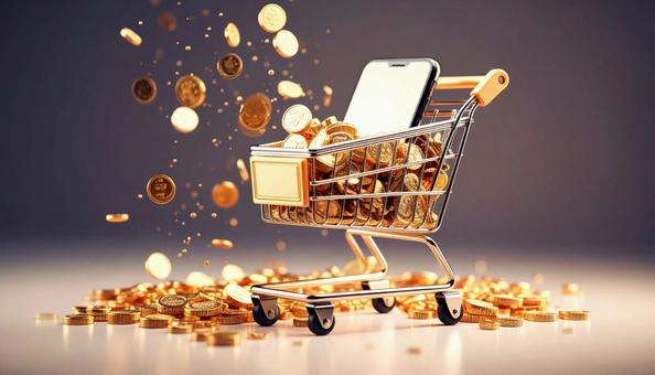 ビットコイン　ショッピングカートと金貨の写真