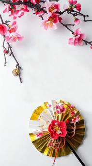 年賀状背景　八重桜　梅　正月飾り　白背景の写真